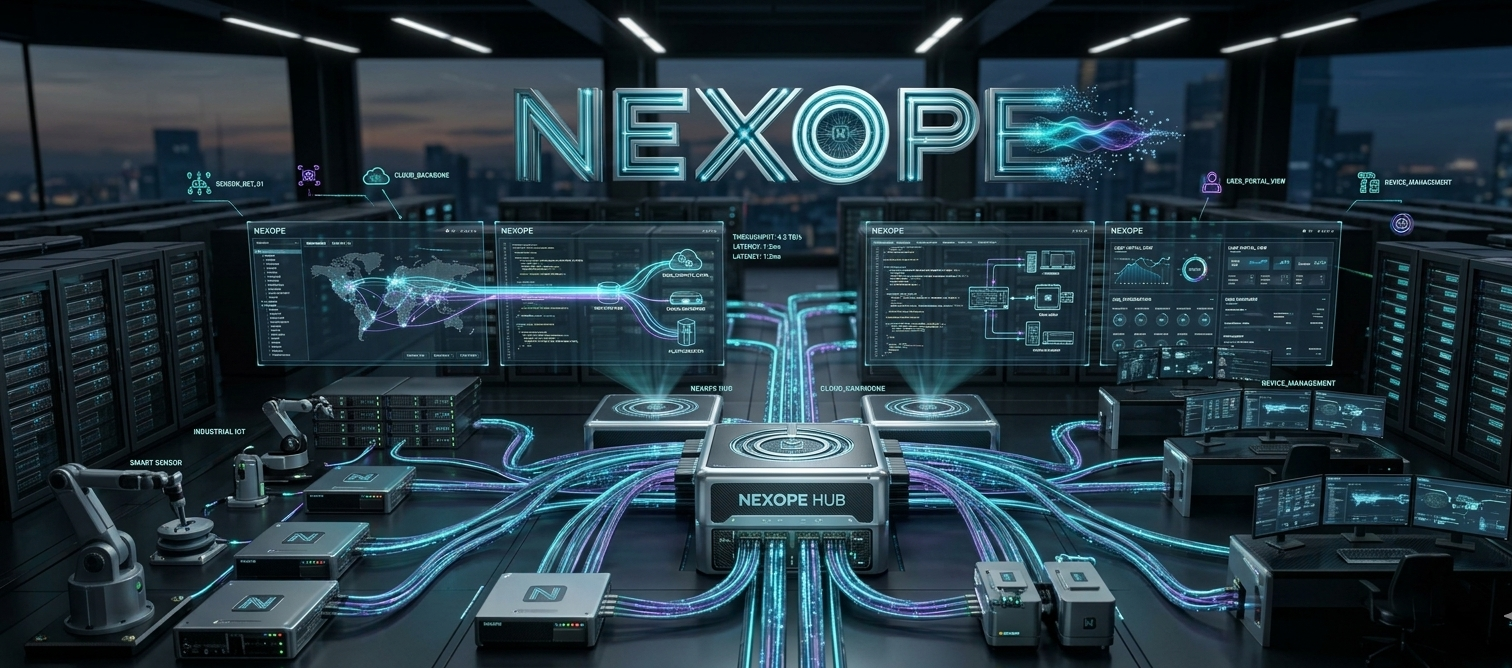 NEXOPE ecosystem visual connecting AI services, robotics, infrastructure nodes, and operational dashboards