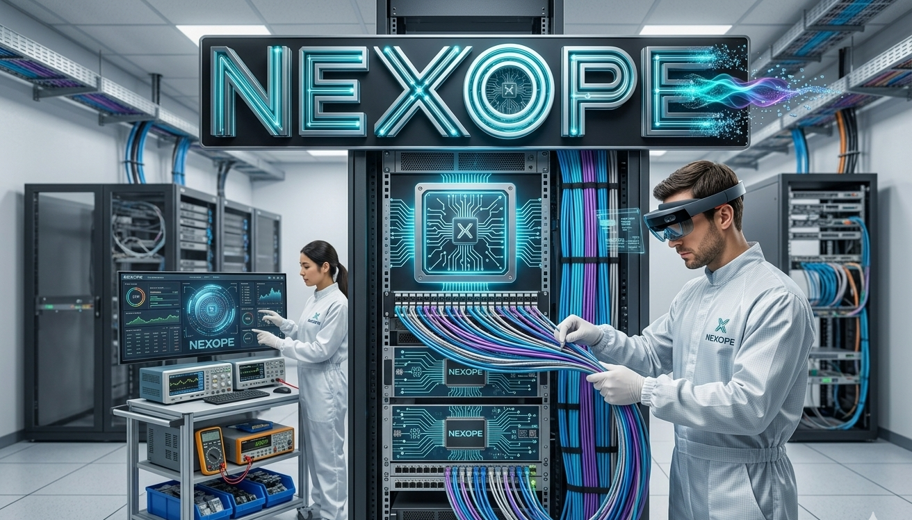 NEXOPE system integration environment with technicians, infrastructure cabling, and deployment workflow